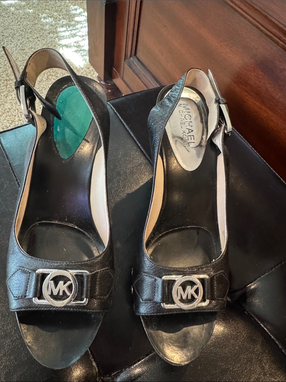 Michael Kors Black Leather MK Logo Slingback Heels